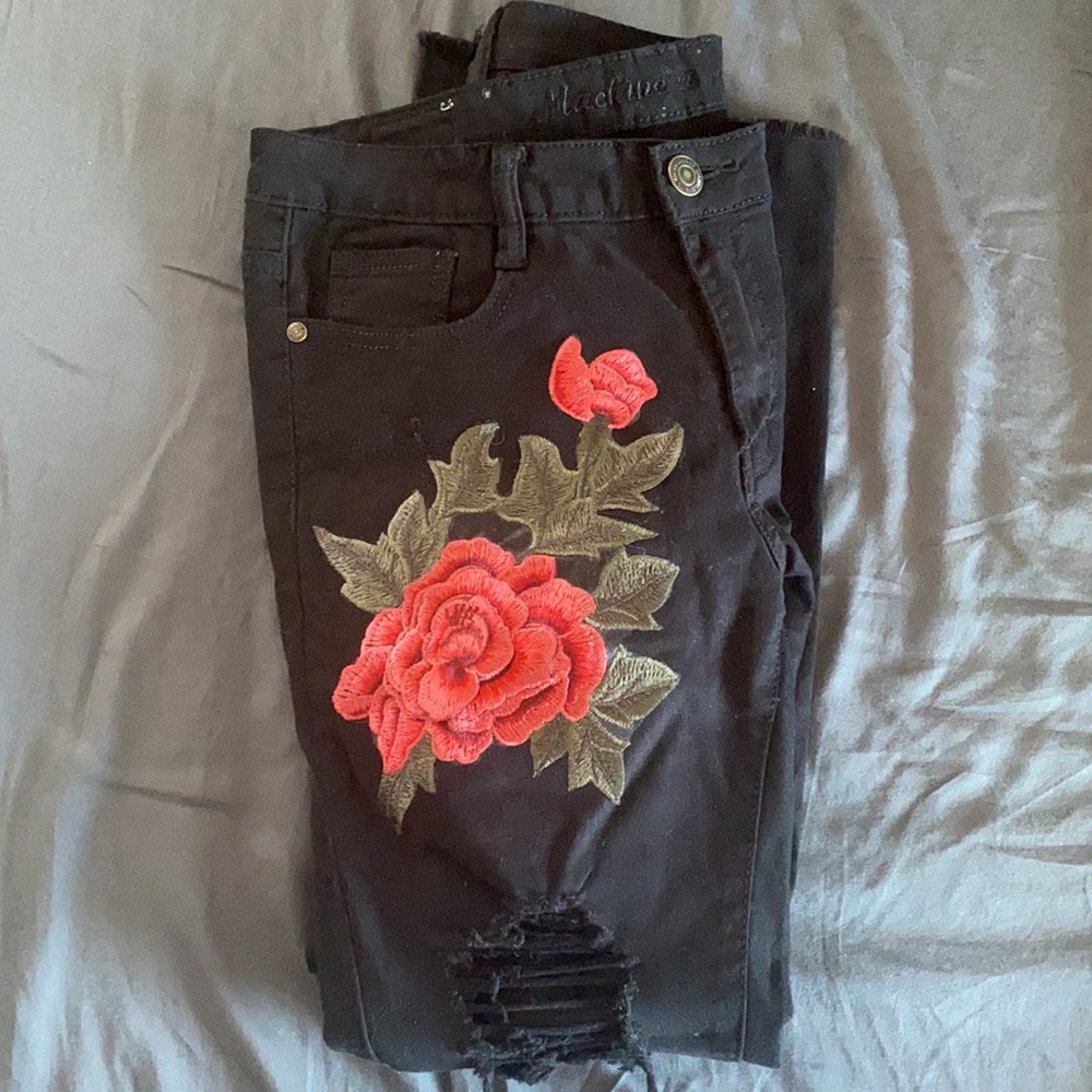 Machine Rose Embroidered Black Skinny Jean
